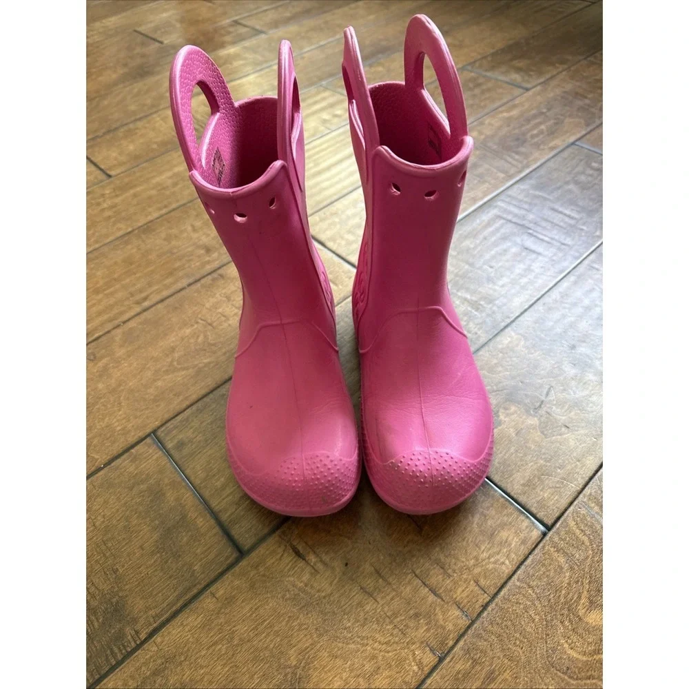 Crocs Youth Girls Handle It Rain Boots Pink Size J 1 Waterproof Pull-on
